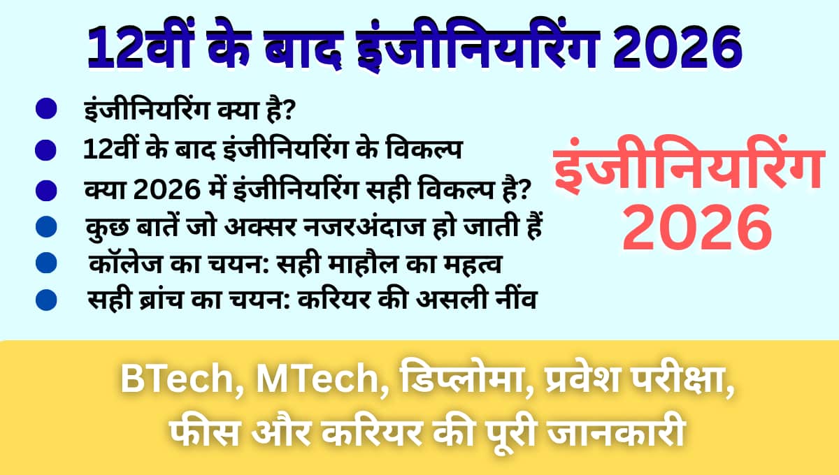 12वीं के बाद इंजीनियरिंग 2026: BTech, MTech, डिप्लोमा, प्रवेश परीक्षा, फीस और करियर की पूरी जानकारी